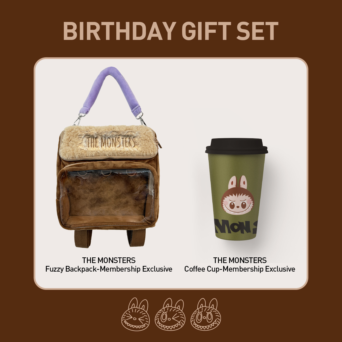 Fuzzy Backpack & Coffee Cup Membership Birthday Gift Set – THE MONSTERS Fuzzy Backpack & Coffee Cup Membership Birthday Gift Set – THE MONSTERS